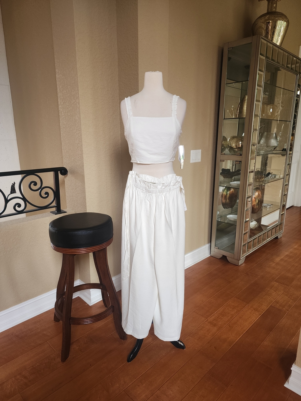 Sequin Hearts White High-Waist Paperbag Wide-Leg Pants